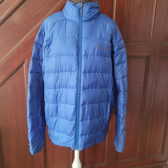 Marmot Mens Blue Insulated Puffer Jacket L 800 Fill Down Polyester Warm Winter C - Picture 1 of 9